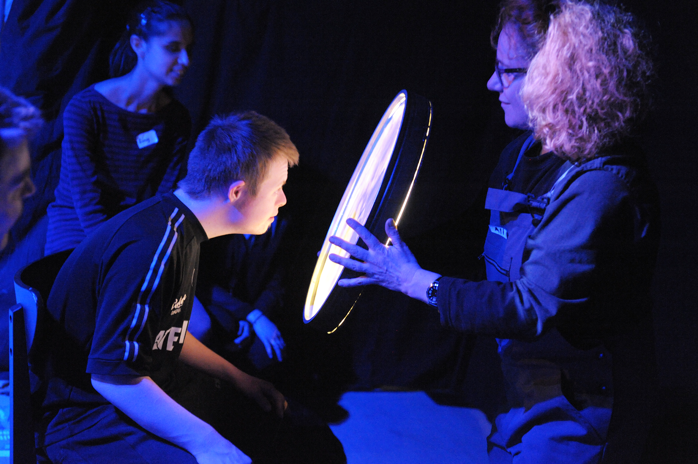 Working with young audience members to research how we could make ‘moon’ move from the sky through the performance space. Ali Murray from Nottingham Playhouse is working with a drum and torch.